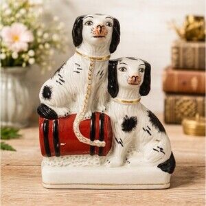 Vintage Staffordshire Style Ceramic Spaniel Dogs on Barrel 10" Hand Painted